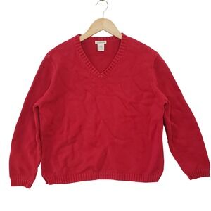 St Johns Bay Red V Neck Knit Sweater Womens L Cotton Long Sleeve Casual Cozy